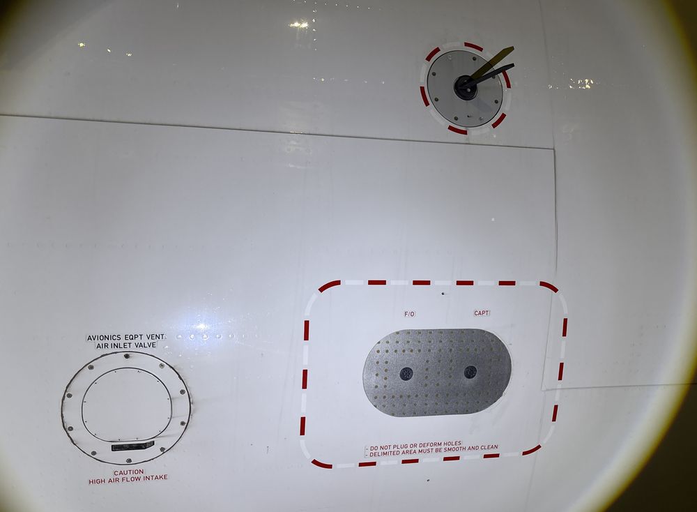 Fuselage skin, probes and vent inlet checked under a flashlight